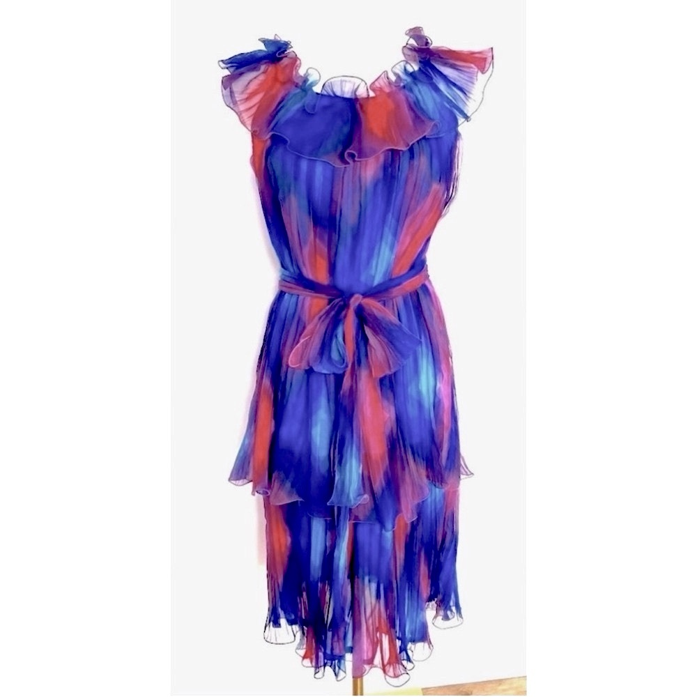 🆕Vintage Blue Turquoise Pink Chiffon Pleated Dress- Belted - Paris Boutique